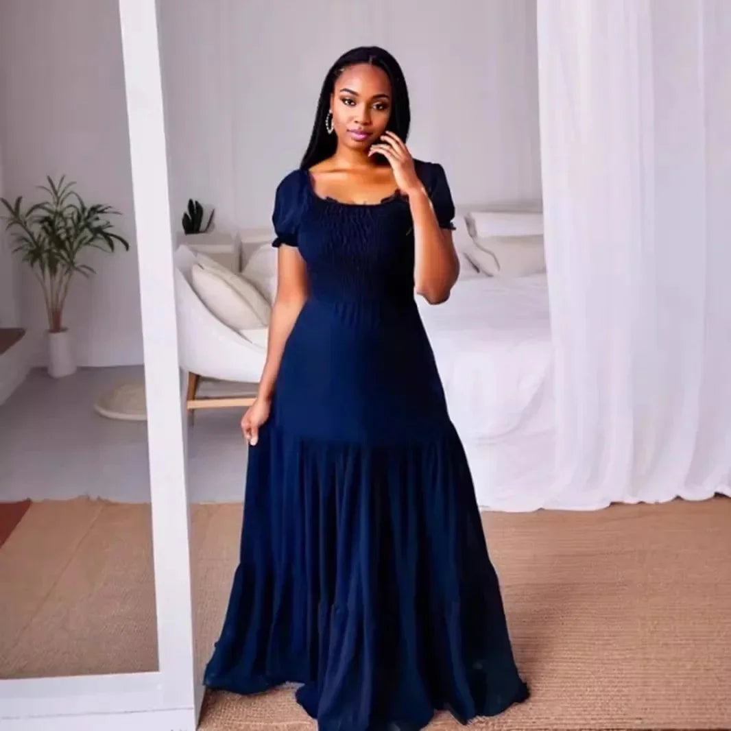 A Line Pleated Blue Princess Long Dresses Women Puff Sleeve High Waist Square Neck Maxi Dress Summer Solid Ruffles Party Dresses