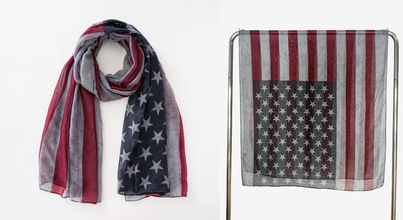 Popular Shawl American Flag Oblong Scarfs Patriotic Stars Pattern Headscarf Muffler Voile Soft Wrap Geometric Stripes Scarf