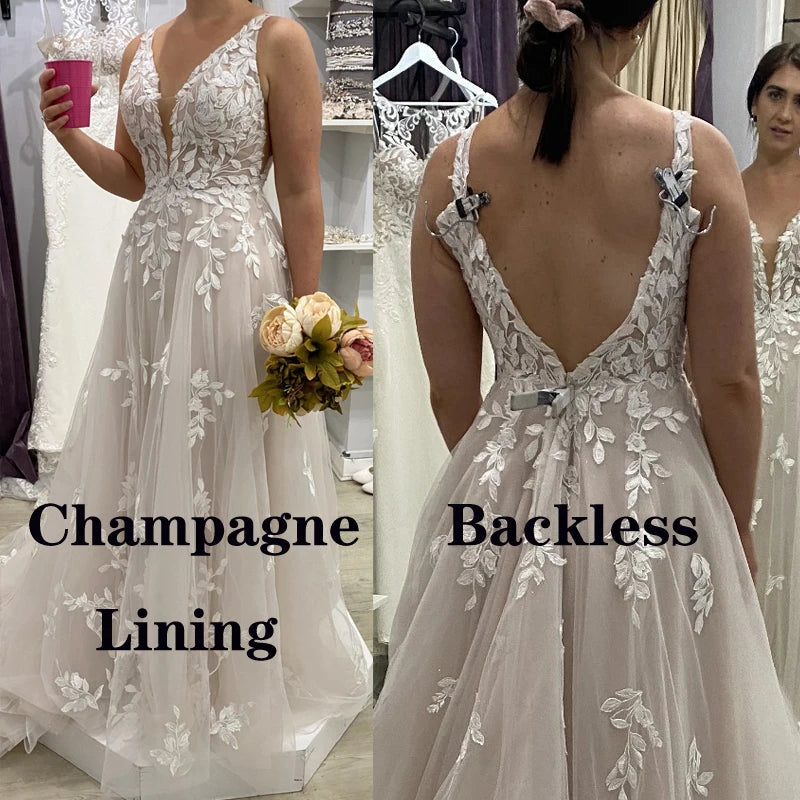 VIKTORIA Fashion Aline Wedding Dresses V-neck Custom-Made Court Train Appliques Sleeveless Robe De Mariée Engagement Plus