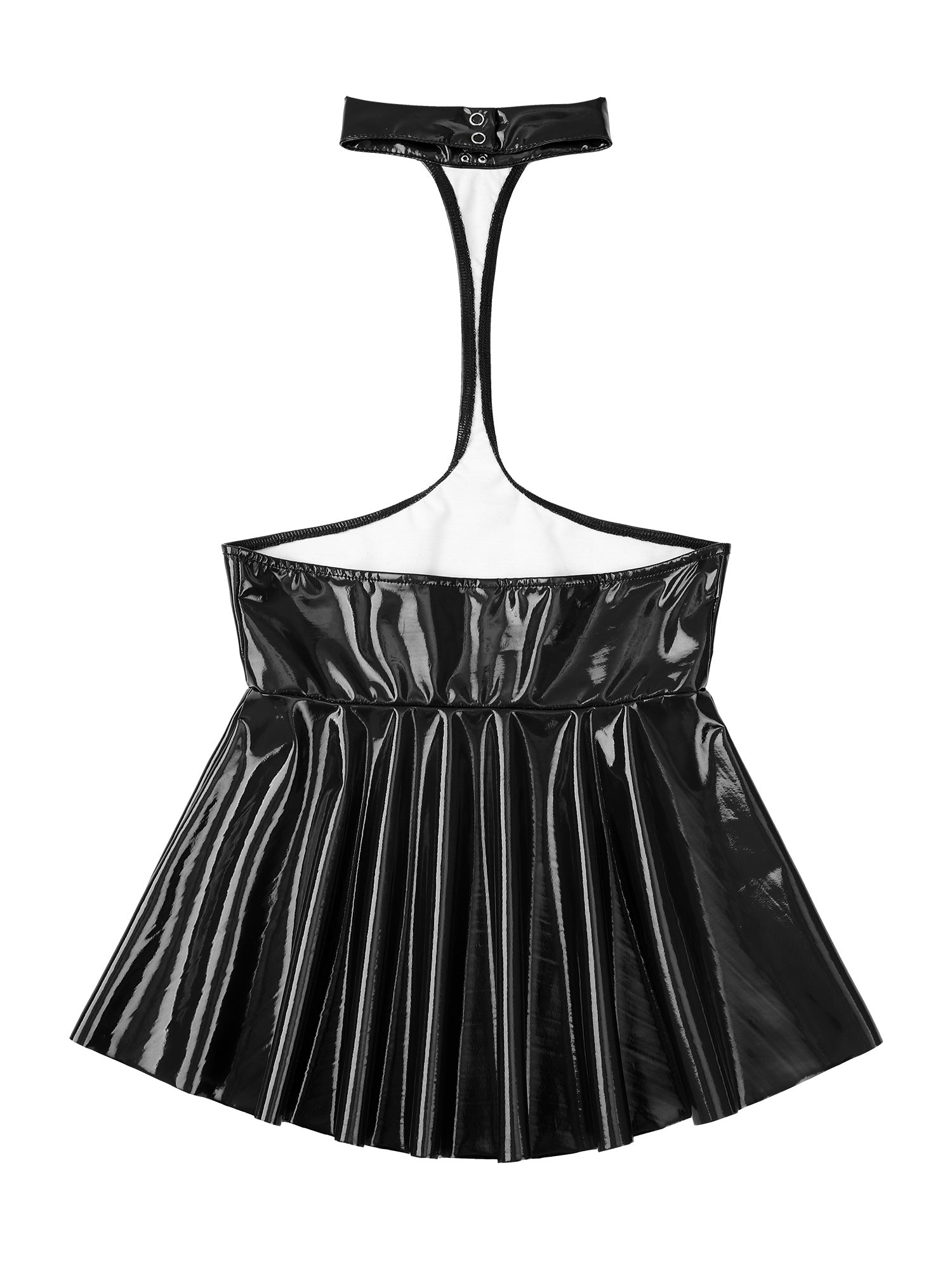 Womens Shiny Metallic Faux Leather Halter Neck Backless A-Line Dress Exposed Breast Mini Night Club Dresses Latex Clubwear