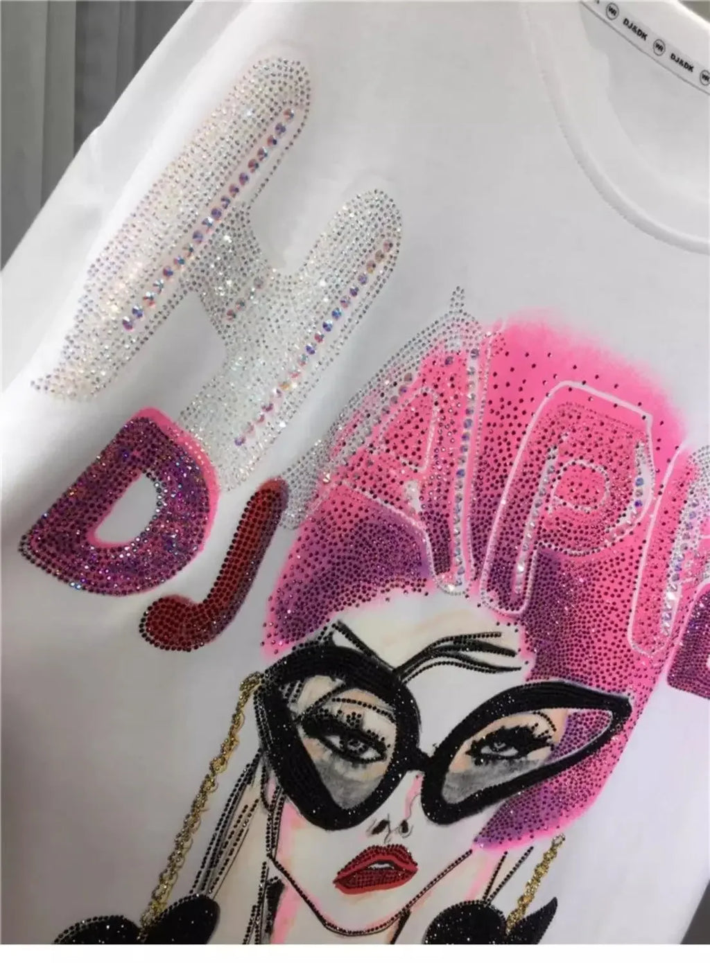 L-4XL Plus Size Casual T Shirts for Women Cartoon Lady Rhinestone Summer Short Sleeve Loose Tops Womens Clothing Женская Одежда