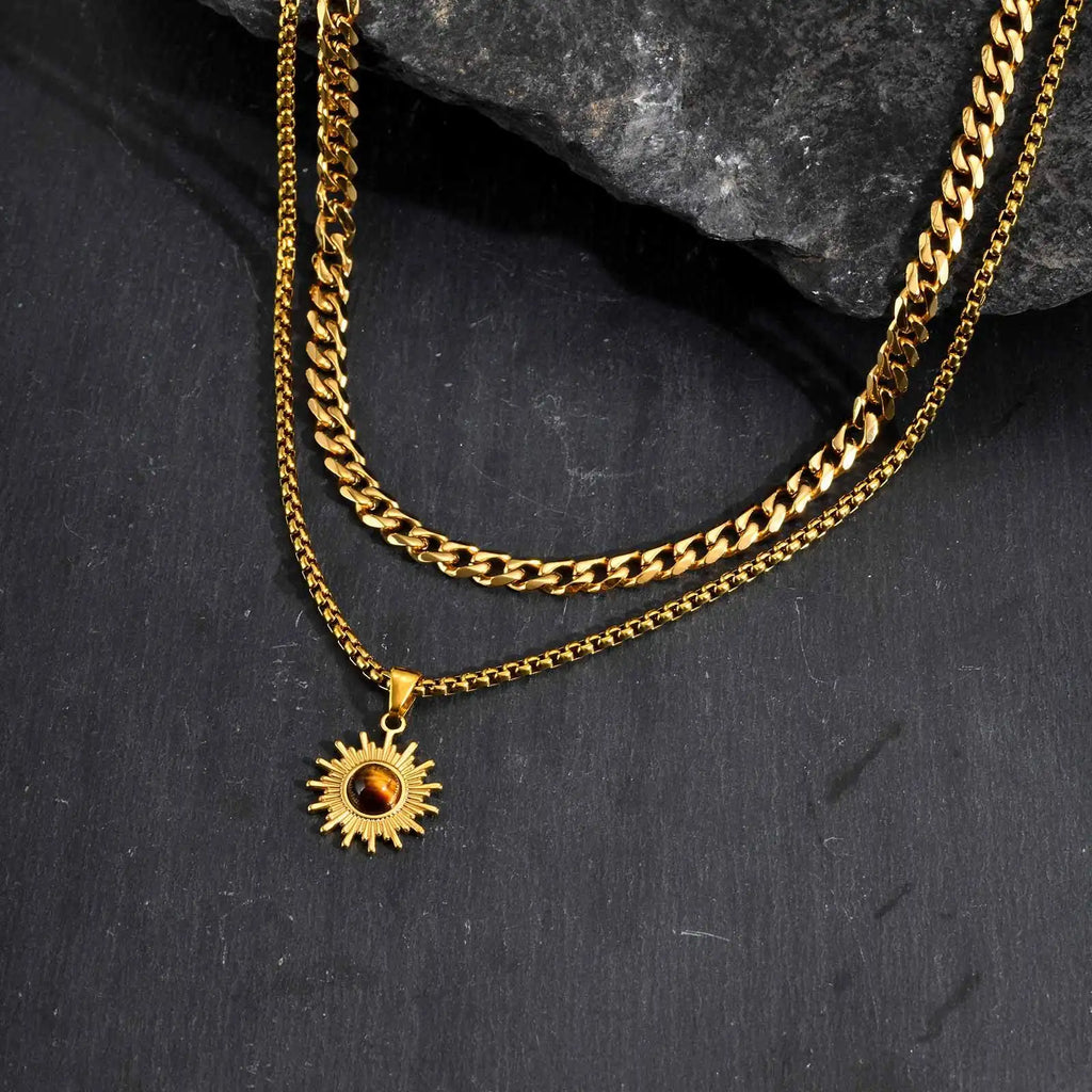 Trendy Sunflower Necklace for Men Boys,Stainless Steel Natural Stone Pendant,Jewelry Gift for Husband Dad Son BBF