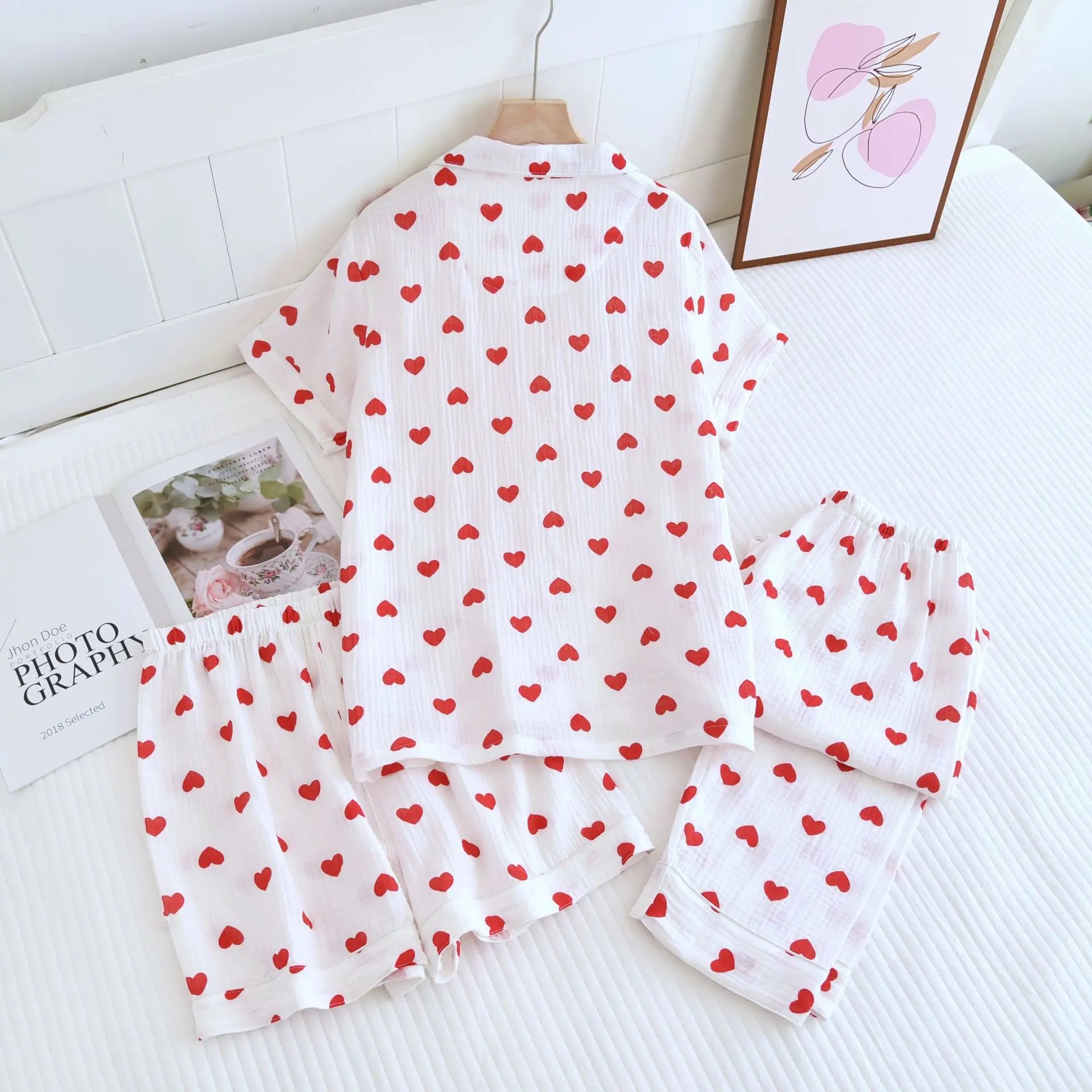 100% Cotton Pajamas Women 3Pcs Set Lounge Sleepwear Suit Spring Summer Floral Print Home Clothes Short Sleeve Sleeping Pijama