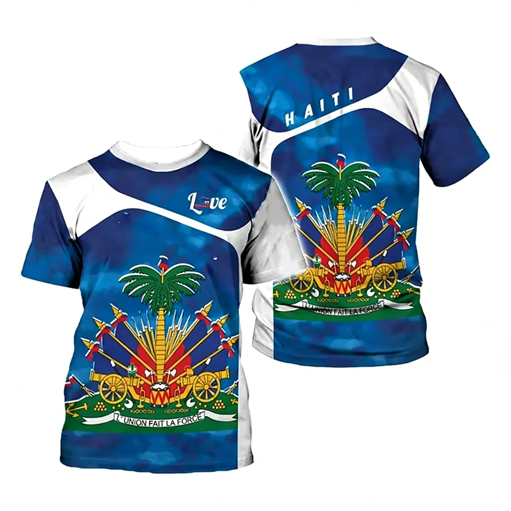 Haiti National Elements 3D Printed T-Shirt Patriotic Culture Casual Fabric T-Shirt Featuring National Flag Map And Emblem Design