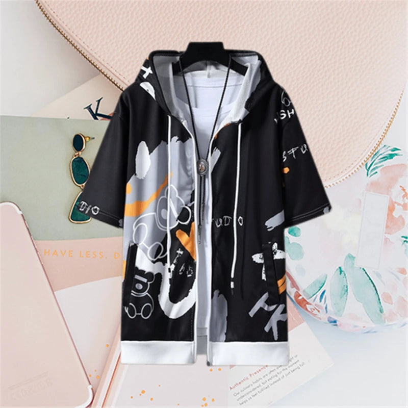 2023 Men's Summer Fashion Cartoon Print Short Sleeve Zipper Sweatshirts Youth Man Y2K Streetwear Casual Pockets Hoodies Jackets