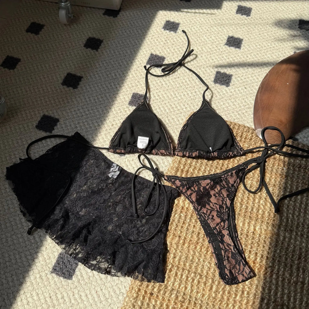 sexy lace micro mini string halter tie bikinis sets 3pcs with ruffles mini skirt black red color swimwear swimsuit bathing suit