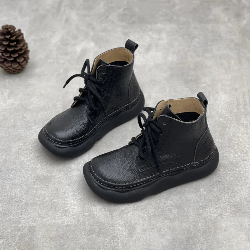 Johnature Retro Genuine Leather Short Boots 2026 Autumn/winter New Wide Toe Lace Up Cowhide Soft Sole Women's Boots