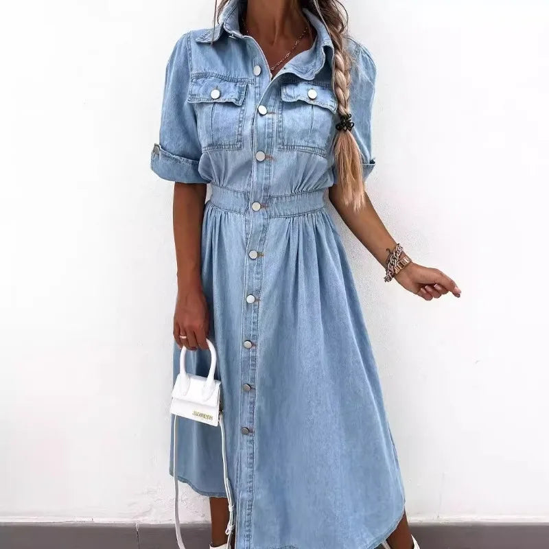 Mandylandy Summer Denim Dress Women Washed Button Shirt Short Sleeve Denim Dresses High Waist Single Breasted Long Dress