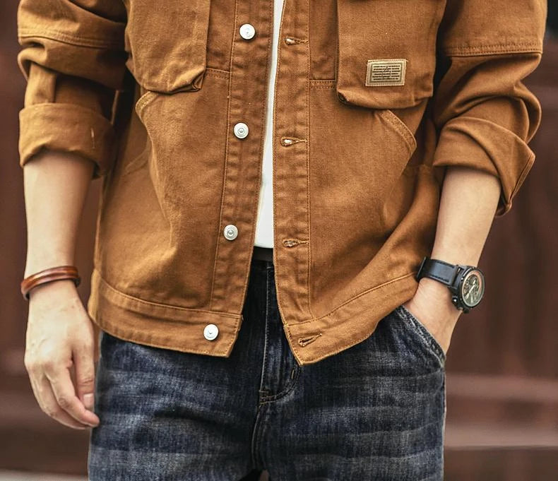 Cargo Oversize Cowboy Coat for Men Brown Cotton Denim Jackets Man Joker of Fabric Korea Japanese Retro Outwear Size L Lxury Worn