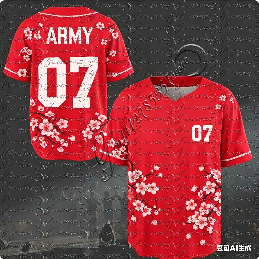 J-HOPE 94 Cherry Blossom Baseball Jersey, Floral Print Short Sleeve Shirt, Kpop Fans Casual Streetwear Tops for Kids&Youth