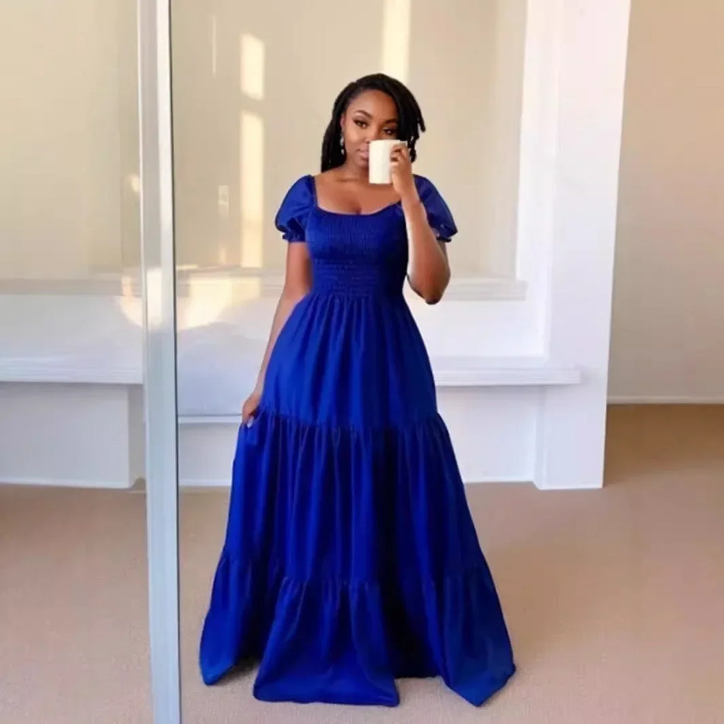 A Line Pleated Blue Princess Long Dresses Women Puff Sleeve High Waist Square Neck Maxi Dress Summer Solid Ruffles Party Dresses