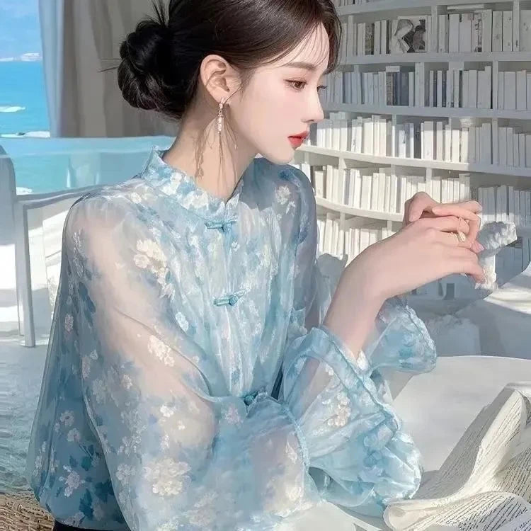 Ele Floral Long Sve Chiffon irt Women's Spring Summer New Sle Super Fairy Unique Anti-Aging Faionable Top
