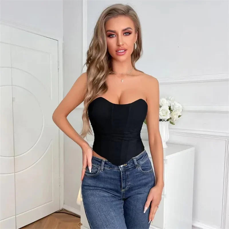 Women's Corset Crop Tops Summer Breathable Mesh Sleeveless Off Shoulder Bustier Skinny Fit Casual Tanks