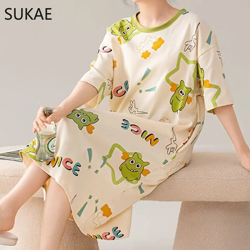 100% COTTON! SUKAE Summer New Women Lovely Sleepshirt Fashion Nightgowns Leisure Dress Casual Nightdress Short Sleeves Nightgown