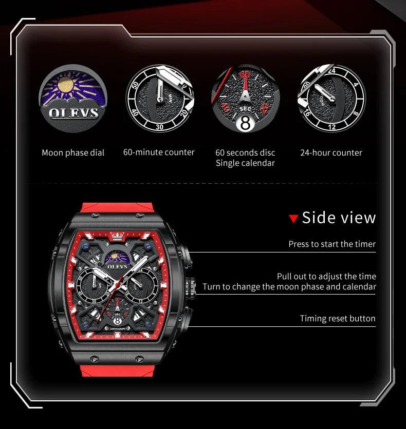 OLEVS 2942 Man Watch Silicone Strap Tonneau Design Dial Multifunction Quartz Watch for Men Moon Phase Calendar Chronograph Watch