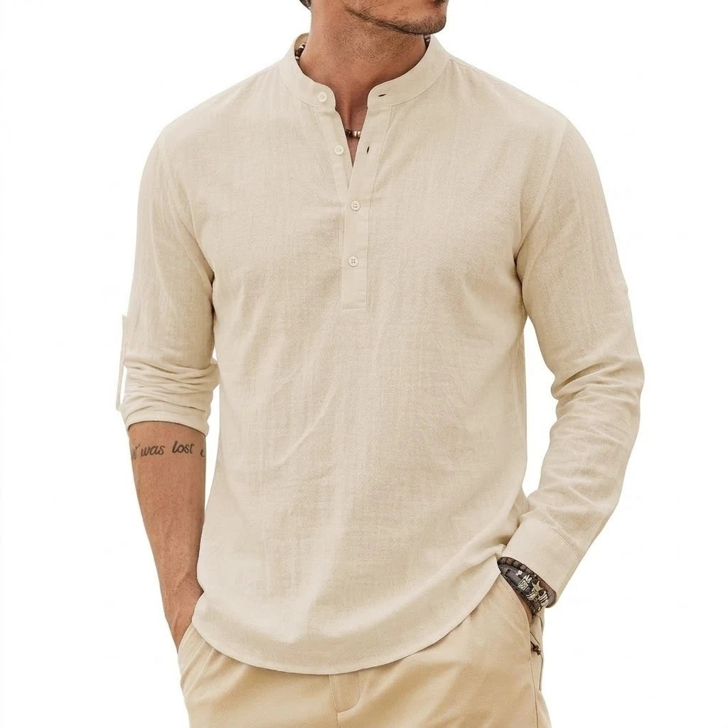 Fashion Mens Linen Shirts Luxury Henley Casual T-Shirts Long Sleeve Cotton T-Shirts Beach Hawaiian Summer Shirt for Men Gym Man