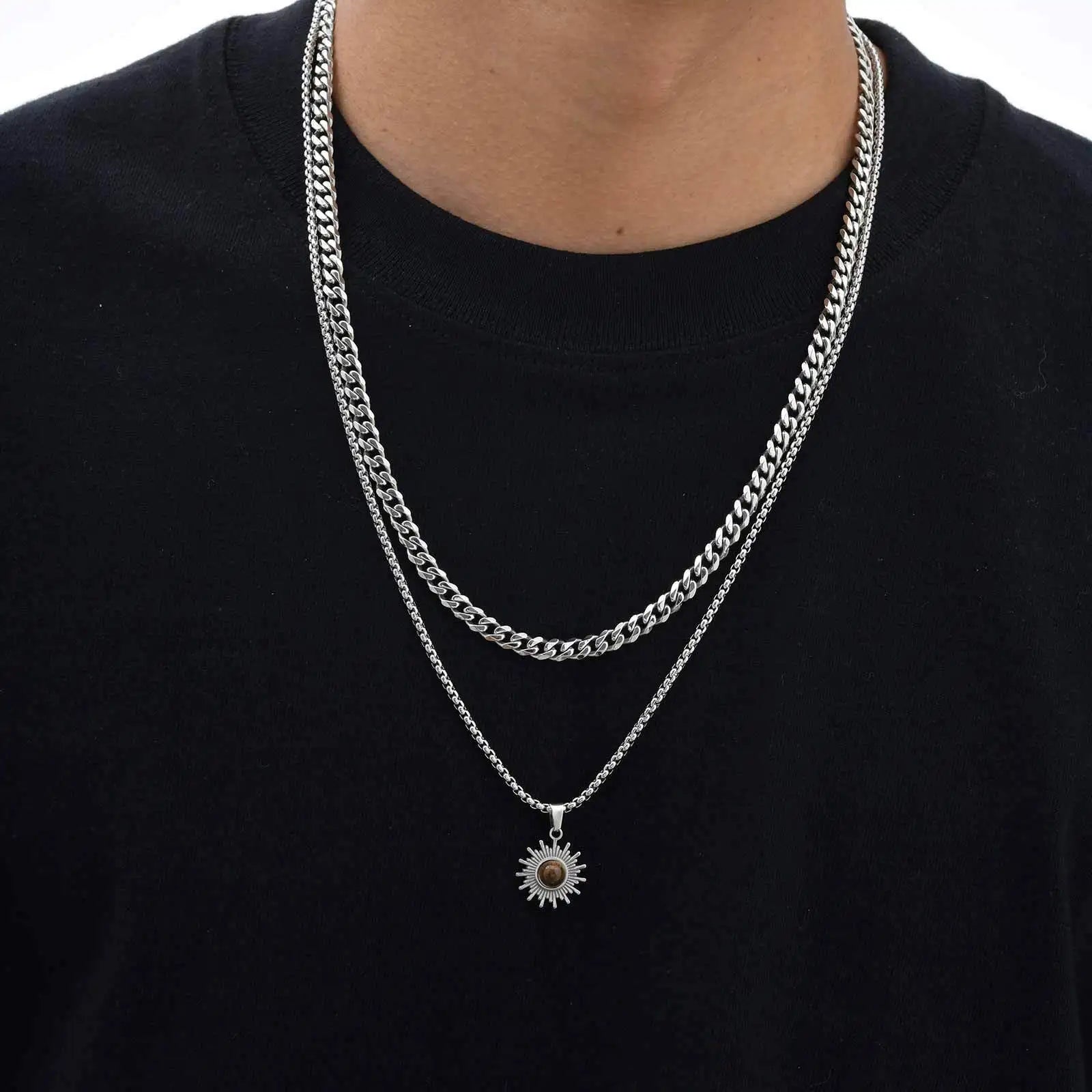 Trendy Sunflower Necklace for Men Boys,Stainless Steel Natural Stone Pendant,Jewelry Gift for Husband Dad Son BBF