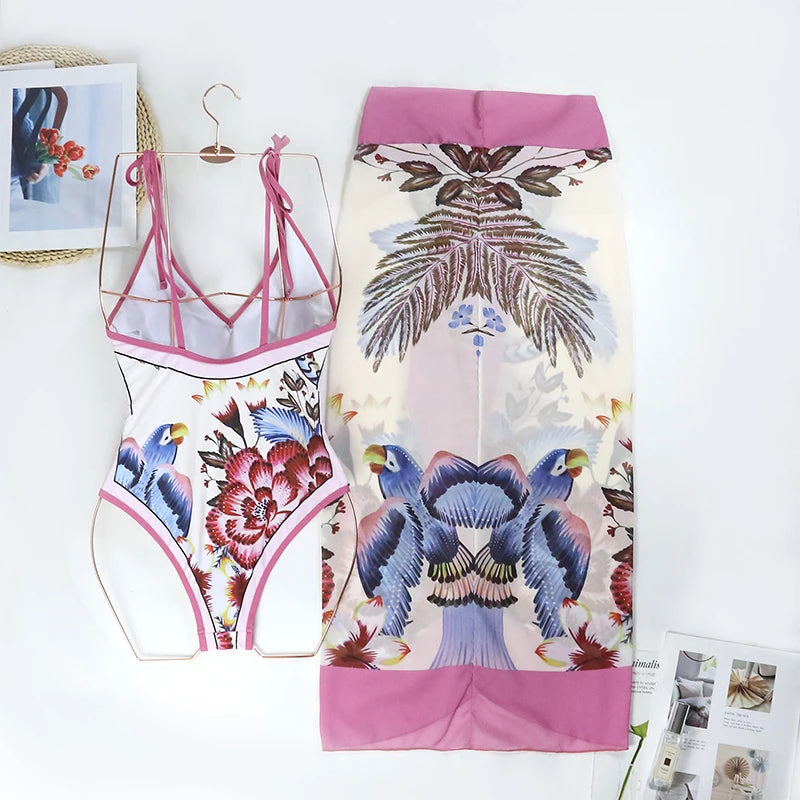 2025 Sexy Bikini Set Deep V Neck Retro Printed Women Swimwear Push Up Bikinis Swimsuit Skirt Female Biquini Dress Bathing Suit