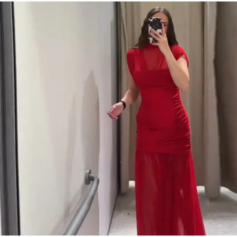 Sexy Red Pleated Mesh Long Dress Red See Through Patchwork Sleeveless A-line Party Dresses Female 2025 Summer Slim Robes Lady