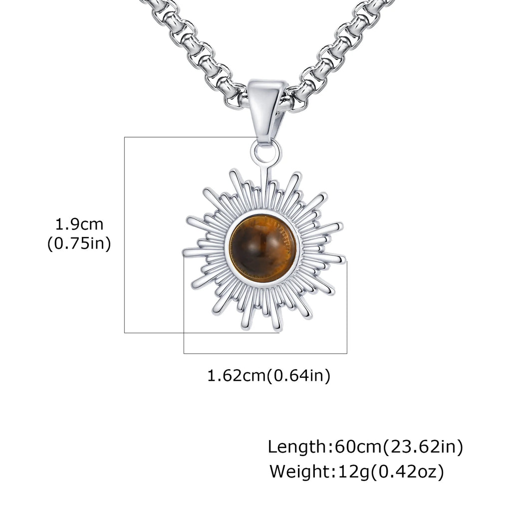 Trendy Sunflower Necklace for Men Boys,Stainless Steel Natural Stone Pendant,Jewelry Gift for Husband Dad Son BBF
