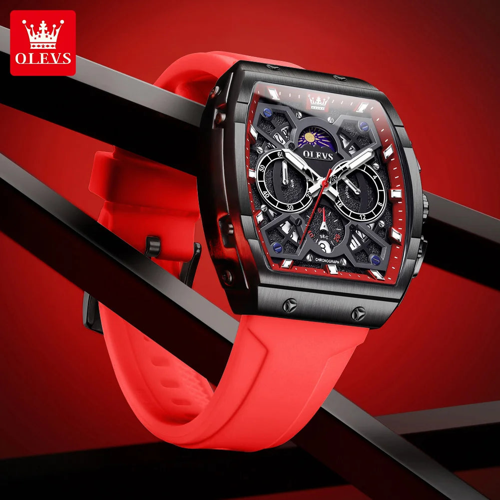 OLEVS 2942 Man Watch Silicone Strap Tonneau Design Dial Multifunction Quartz Watch for Men Moon Phase Calendar Chronograph Watch