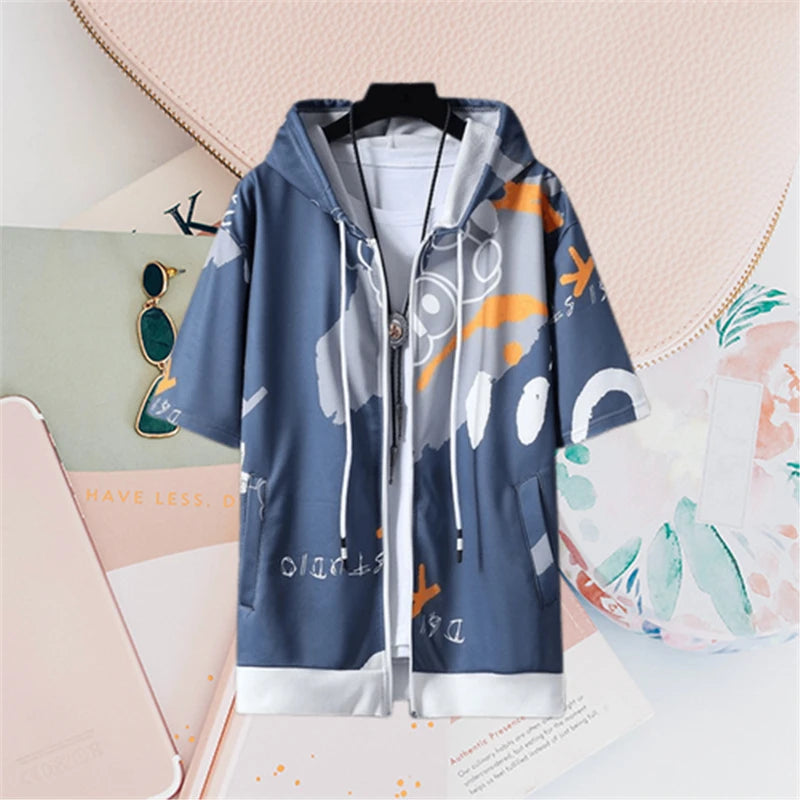 2023 Men's Summer Fashion Cartoon Print Short Sleeve Zipper Sweatshirts Youth Man Y2K Streetwear Casual Pockets Hoodies Jackets