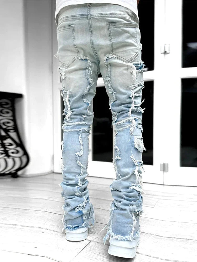 Men Jeans Ripped Vintage Tassel Wash Old Slim Stacked Patch Hip Hop Pencil Denim Man Pants 2026 Streetwear Male Long Trousers