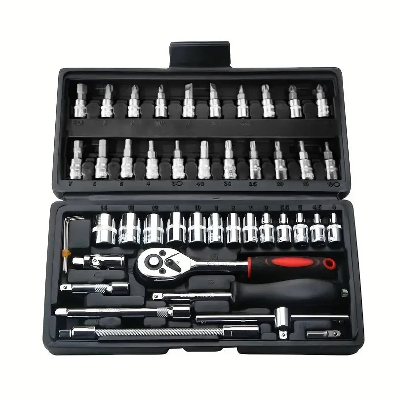 Hi you: 46 piece car repair tool kit: ratchet torque wrench, wrench, screwdriver, socket set combination - perfect for bicycle a