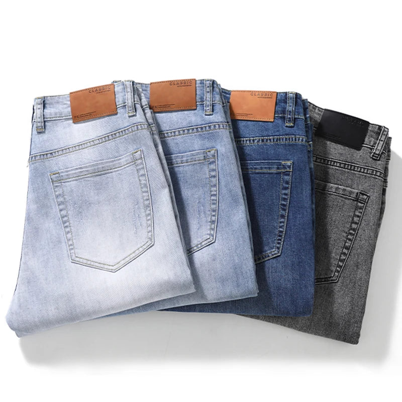 KSTUN 2025 Spring Summer Jeans For Men Slim Straight Gray Light Blue Stretch Jeans Regular Fit Denim Pants Mens Clothing Cowboys