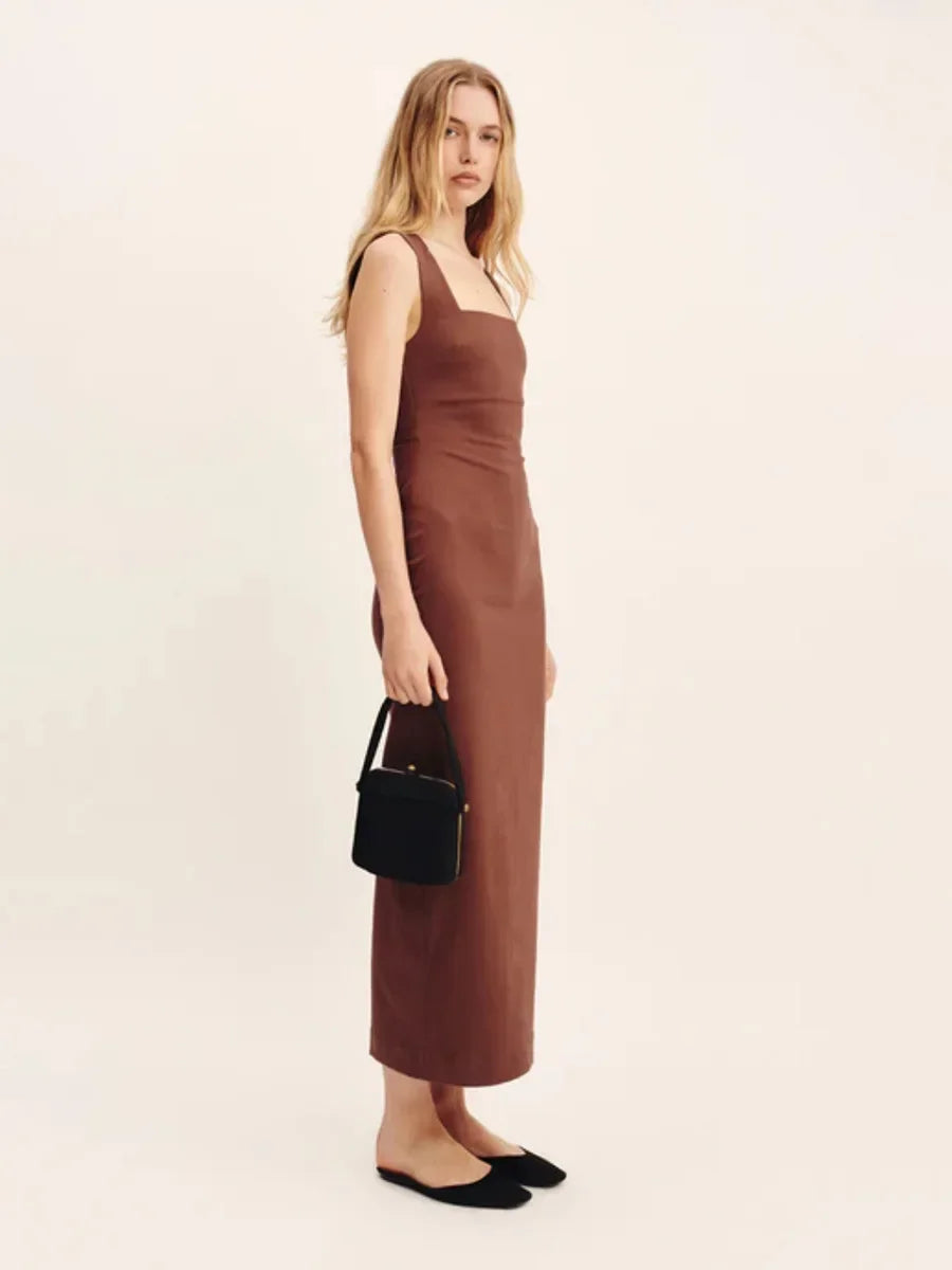 Wolfeel Cotton Linen Square Neck Suspender Dress Women's Solid Color Fashion Slim Fit Long Dress Summer New Women's Clothing