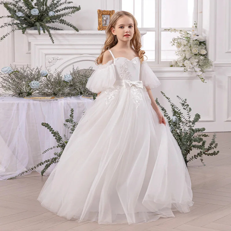 Girl's Ceremonial Dress White Wedding Bridesmaid First Communion Gown Teenagers Girls Graduation Birthday Party Princess Dress