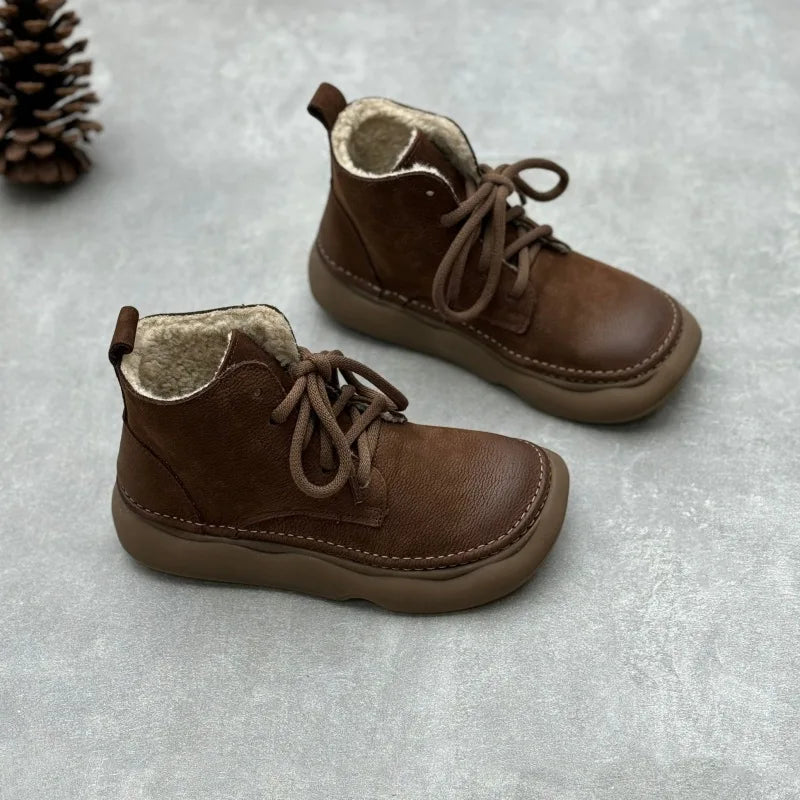Johnature Retro Genuine Leather Short Boots 2026 Autumn/winter New Wide Toe Lace Up Cowhide Soft Sole Women's Boots