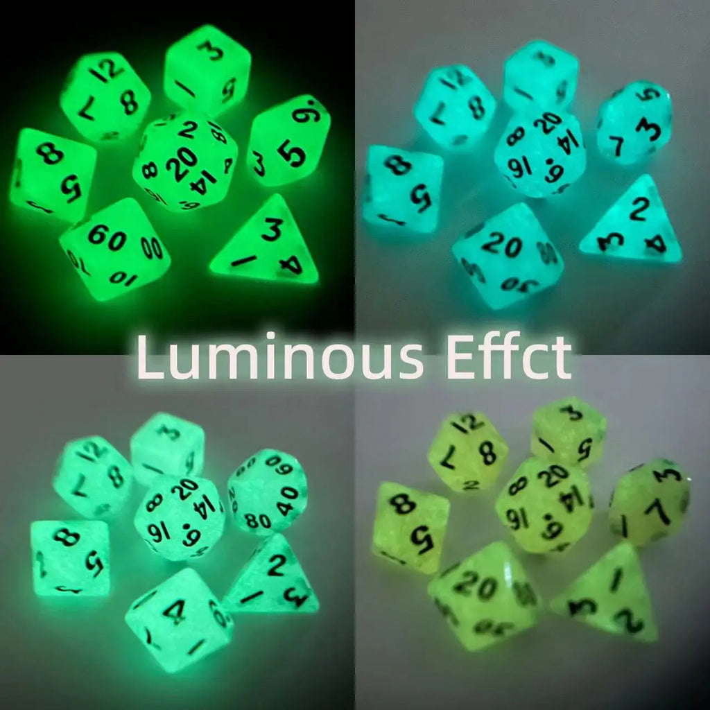Mini DND Polyhedral Glow In The Dark Colorful Dice 7 Pcs/Set with Dice Bag For DND COC TRPG Role Playing Games