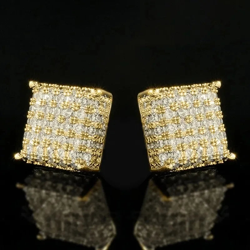 925 Sterling Silver New Bling Gold Silver Round Hip Hop Stud Earrings with Zircon Stone for Women Man Fashion Jewelry