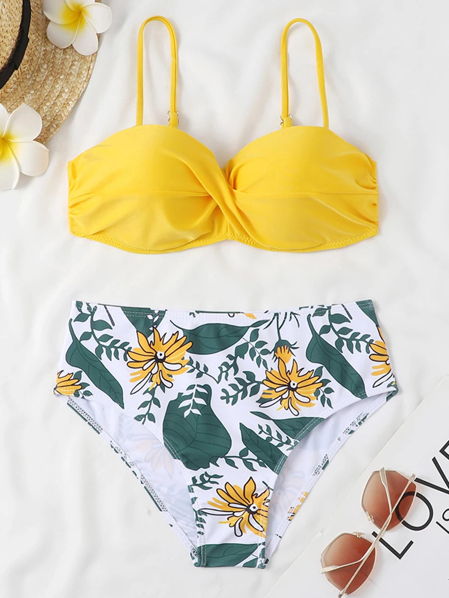 2026 Bandeau Swimsuit Women High Waist Bikini Printed Swimwear Female Padded Bathers Bathing Swimming Swim Suit Beachwear