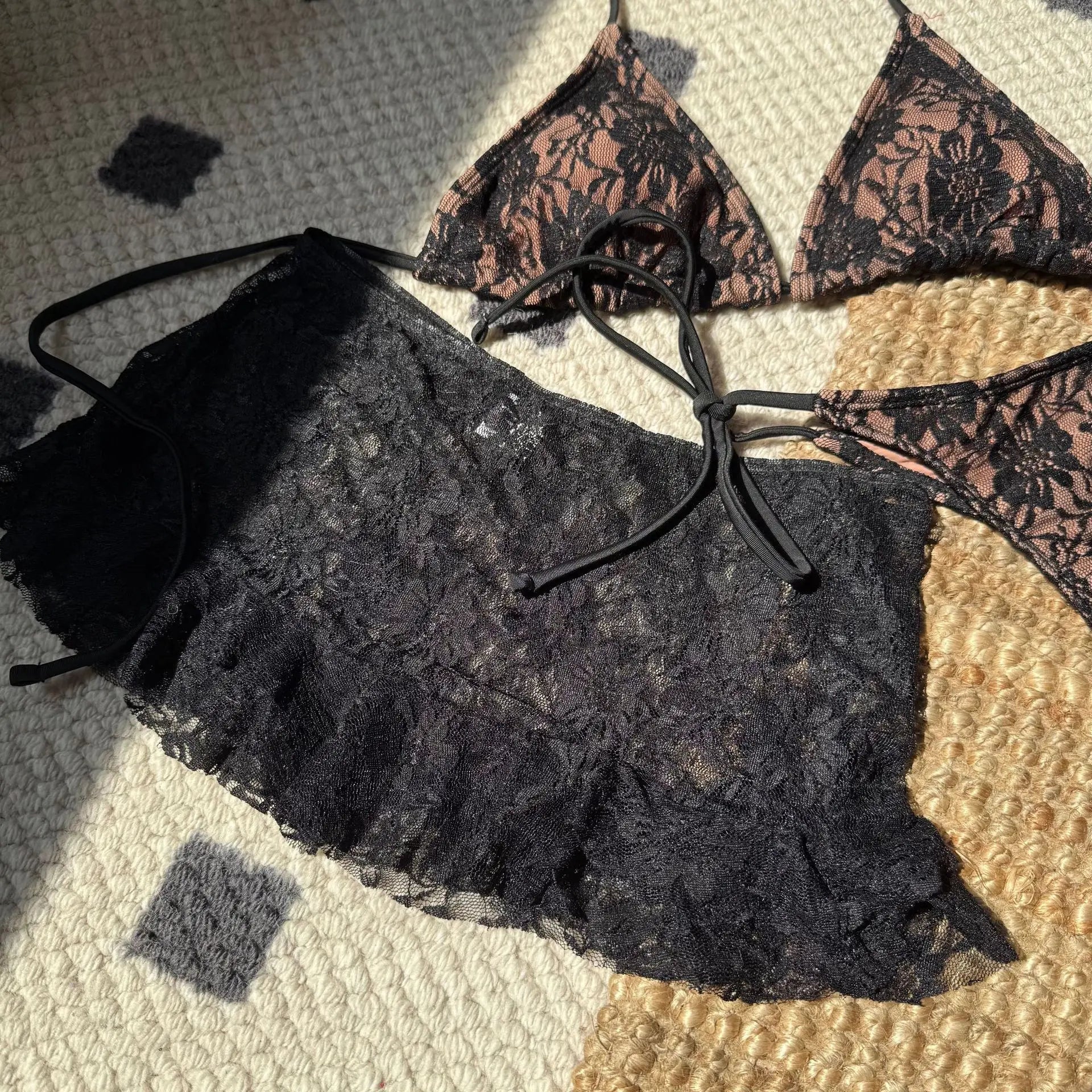 sexy lace micro mini string halter tie bikinis sets 3pcs with ruffles mini skirt black red color swimwear swimsuit bathing suit