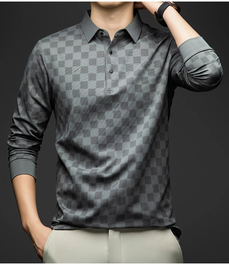 BROWON Polo Shirts for Man Autumn Business Slim Fit Long Sleeve T Shirt Men 2026 New Casual Loose Pullover Plaid Men Tops & Tees