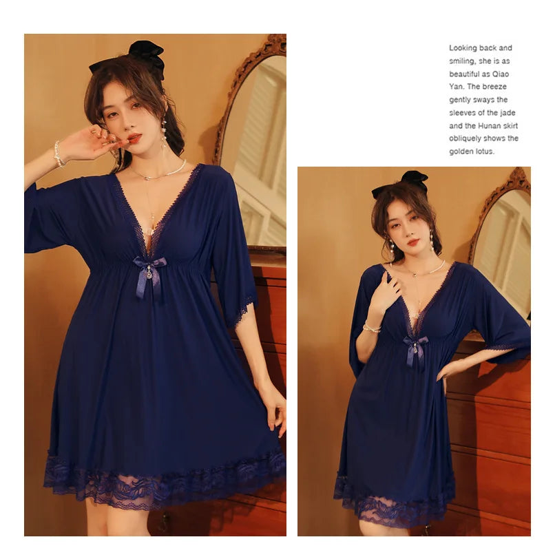 Fdfklak M-3XL Women’s Nightgowns Sexy Lace Deep V Neck Sleepshirt Mesh Short Sleeve Summer Nightdress Female Nightwear Dress