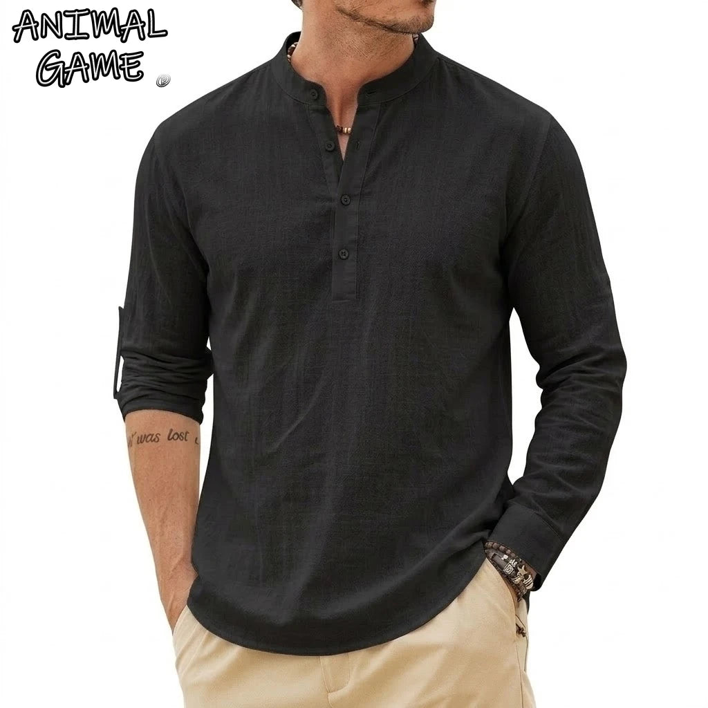Fashion Mens Linen Shirts Luxury Henley Casual T-Shirts Long Sleeve Cotton T-Shirts Beach Hawaiian Summer Shirt for Men Gym Man