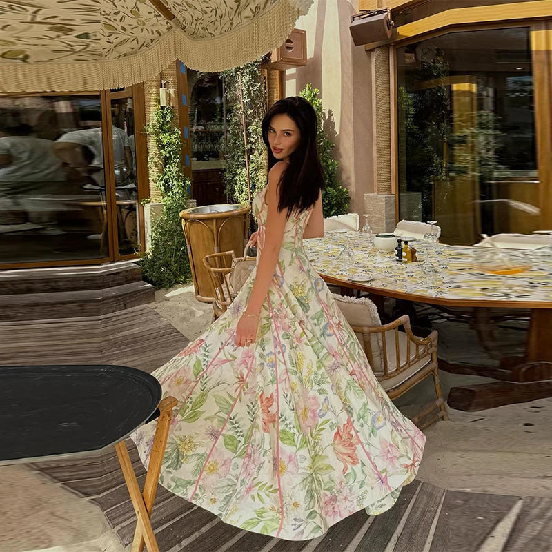 Elegant Printed Women's Dress Sleeveless Halter Waist-Closed A-Line Lady Dresses 2026 Spring Summer Female Robe New