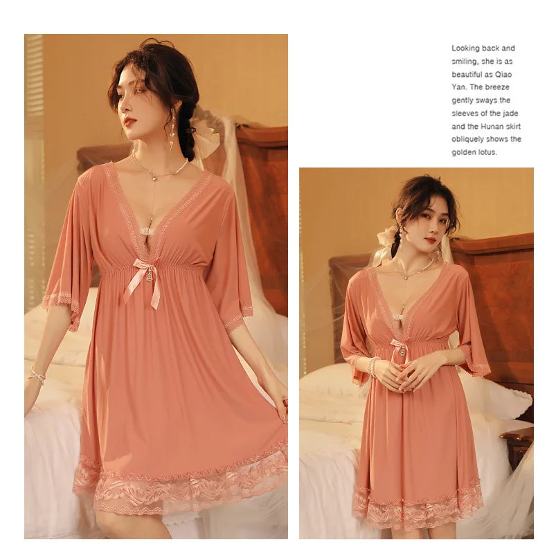Fdfklak M-3XL Women’s Nightgowns Sexy Lace Deep V Neck Sleepshirt Mesh Short Sleeve Summer Nightdress Female Nightwear Dress