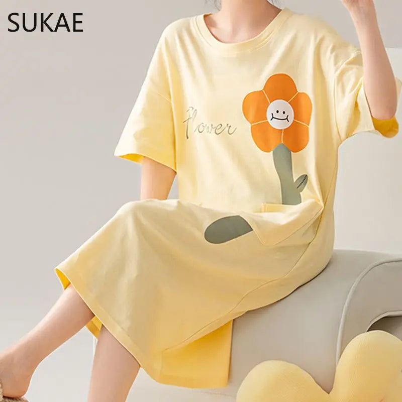 100% COTTON! SUKAE Summer New Women Lovely Sleepshirt Fashion Nightgowns Leisure Dress Casual Nightdress Short Sleeves Nightgown