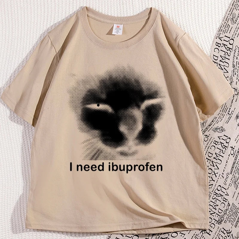 I Need Ibuprofen Cat T-shirts for Man Cotton Caual Short Sleeve Funny Vintage Graphic Cat T-shirt Unisex Silly Kitten Tshirt