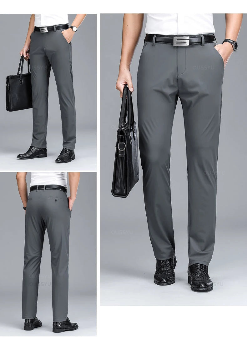 Summer High Stretch Business Suit Pants Men Thin Solid Color Straight Casual Formal Office Trousers Male Plus Size 35 40