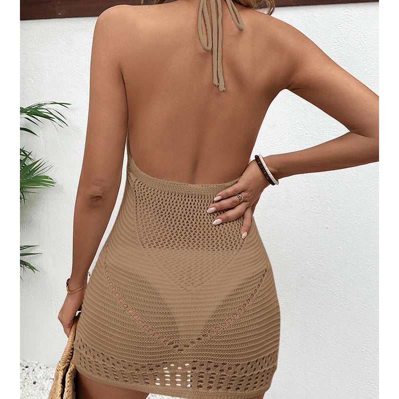 New Style Sexy Backless Tie Up Halter Dress Knitted Hollow Out Swimsuit Cover Up Women Beach Vacation U-Collar Sunscreen Dress