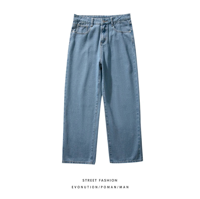 2023 New Korean Fashion Men's Baggy Jeans Classic Unisex Man Straight Denim Wide-leg Pants Hip Hop Bagy Light Blue Grey Black