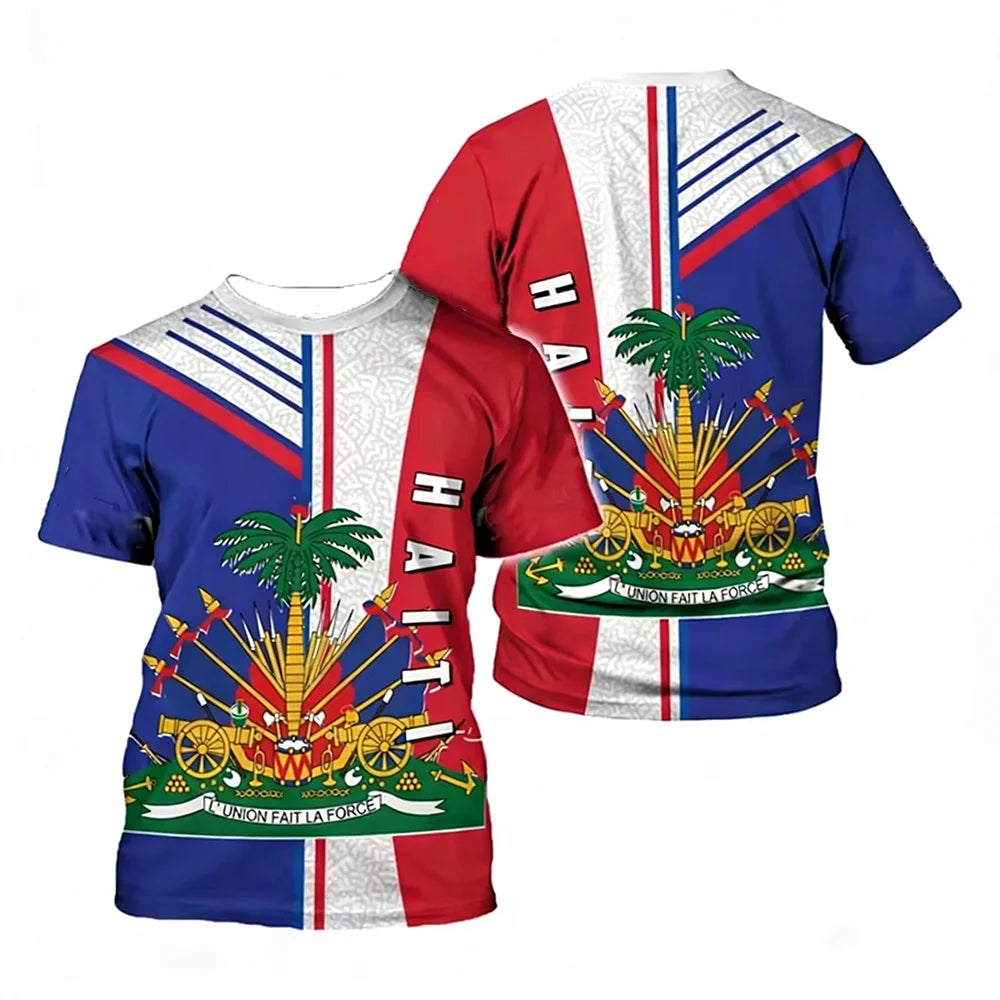 Haiti National Elements 3D Printed T-Shirt Patriotic Culture Casual Fabric T-Shirt Featuring National Flag Map And Emblem Design