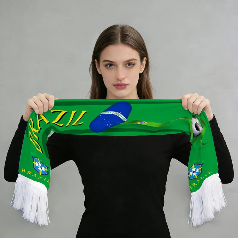 2026 Football Fan Scarf Argentina Brazil Portugal France Spain Canada USA Mexico Print Flannel Tassel Cheering Supporter Scarf