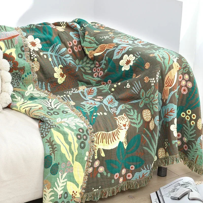 Nordic Throw Blanket Forest Animal Cartoon Sofa Towel Cotton Gauze Towel Quilt Air Conditioner Blanket 150X200cm Soft Bedspread