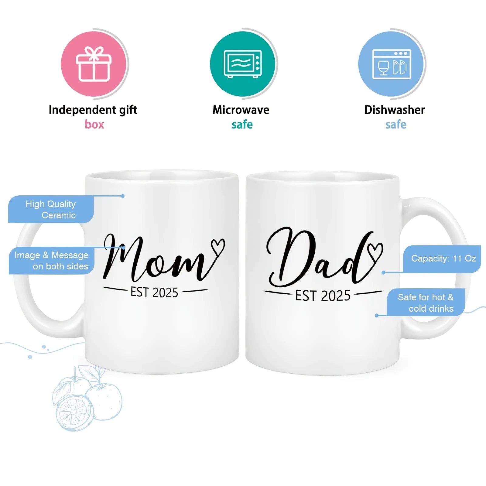 2pcs 11OZ Porcelain Coffee Mug With Handle, New Mom Dad Gifts, New Parents Gifts For Couples, Pregnancy Announcement Gifts For E